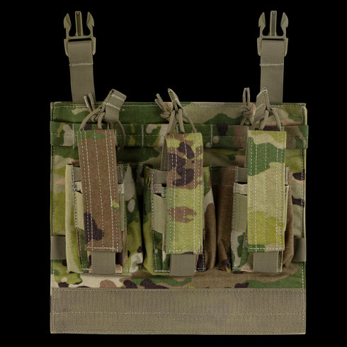The Condor VAS Kangaroo Mag Panel Gen II in Scorpion OCP features multiple magazine pouches and adjustable straps, ideal for military use or carrying gear during outdoor and shooting range activities.