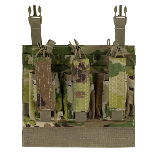 The Condor VAS Kangaroo Mag Panel Gen II in Scorpion OCP features multiple magazine pouches and adjustable straps, ideal for military use or carrying gear during outdoor and shooting range activities.