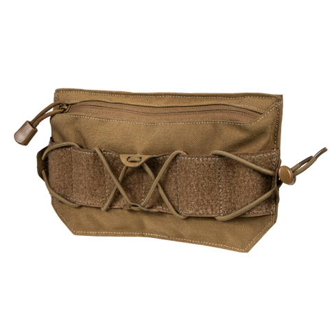 The Condor VA Admin Pouch is a tan tactical pouch with a zippered main compartment, front hook-and-loop panel, and an adjustable elastic cord on the front for securing items.