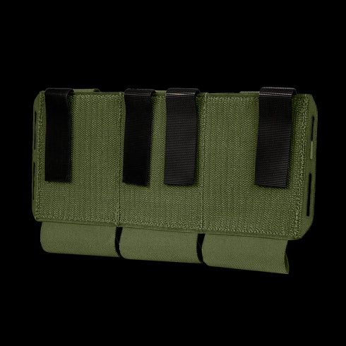 The Condor VAS Flex Placard is an olive green tactical pouch with three compartments and black strap closures, designed for attachment to gear or equipment.