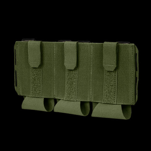 The Condor VAS Flex Placard in Olive Drab is a triple magazine pouch with three compartments and hook-and-loop flaps, designed for attaching to gear or vests.