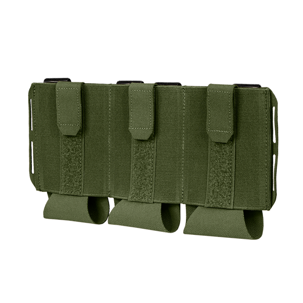 The Condor VAS Flex Placard in Olive Drab is a triple magazine pouch with three compartments and hook-and-loop flaps, designed for attaching to gear or vests.
