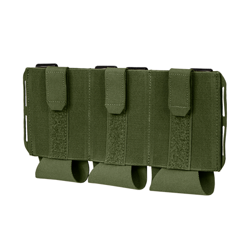 The Condor VAS Flex Placard is an olive green tactical nylon magazine pouch with three compartments and Velcro flaps, designed to attach to MOLLE gear.