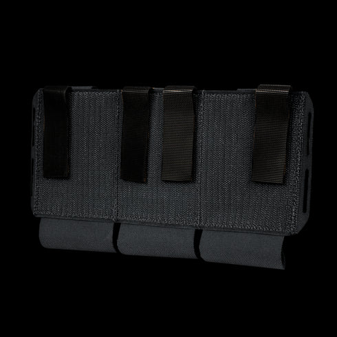 The Condor VAS Flex Placard is a black, rectangular tactical gear pouch made of durable fabric, featuring four vertical straps and three looped flaps.