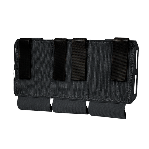The Condor VAS Flex Placard is a black, rectangular tactical gear pouch made of durable fabric, featuring four vertical straps and three looped flaps.