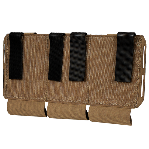 The Condor VAS Flex Placard is a tan tactical pouch with three compartments secured by black straps, designed to attach easily to modular gear systems.