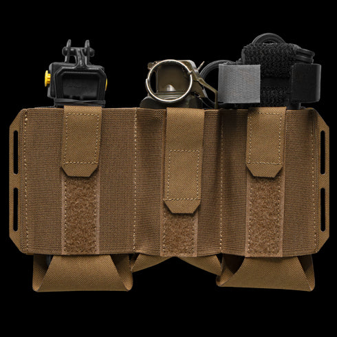The Condor VAS Flex Placard is a brown tactical gear pouch with three compartments for a tourniquet, trauma shears, and multitool, shown against a white background.