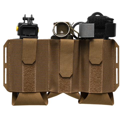 The Condor VAS Flex Placard is a brown tactical gear pouch with three compartments for a tourniquet, trauma shears, and multitool, shown against a white background.