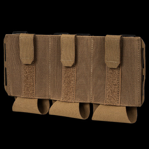 The Condor VAS Flex Placard is a coyote brown tactical triple magazine pouch with three slots and flap covers, designed for carrying magazines, shown against a white background.