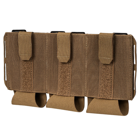 The Condor VAS Flex Placard is a brown triple magazine pouch with three compartments and flap closures, made of durable fabric for secure magazine storage.
