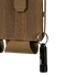A small black flashlight on a keyring is attached to the brown fabric loop on the side of the Condor VAS Flex Placard tactical pouch.