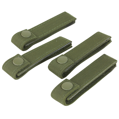 Four Condor Mod Straps - 4, olive green nylon with snap buttons, commonly used by military and law enforcement, arranged on a white background.