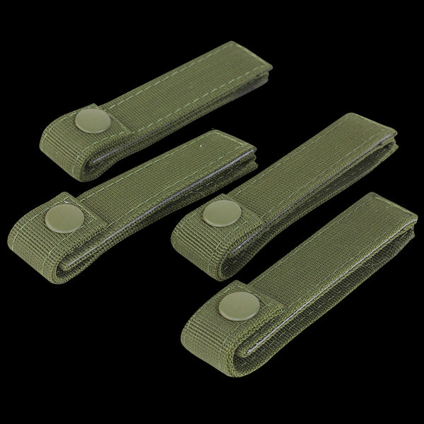 Four Condor Mod Straps - 4, olive green nylon with snap buttons, commonly used by military and law enforcement, arranged on a white background.