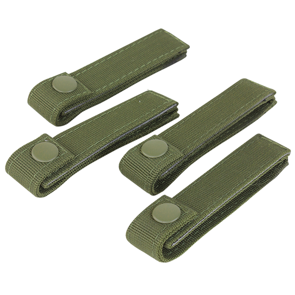 Four Condor Mod Straps - 4, olive green nylon with snap buttons, commonly used by military and law enforcement, arranged on a white background.