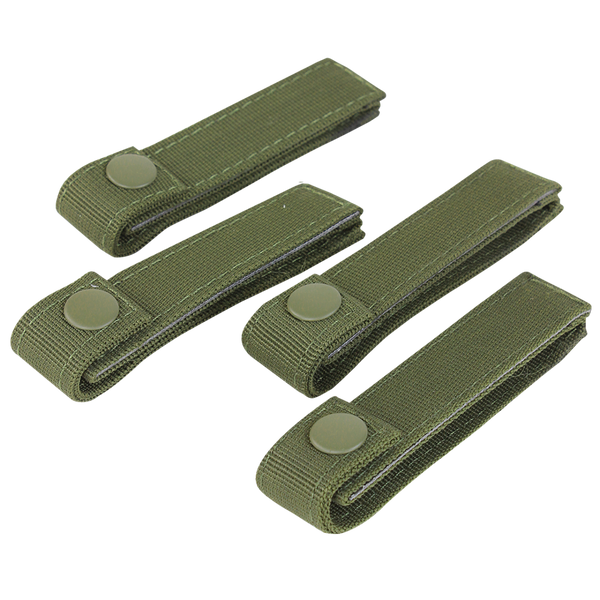 Four Condor Mod Straps - 4, olive green nylon with snap buttons, commonly used by military and law enforcement, arranged on a white background.