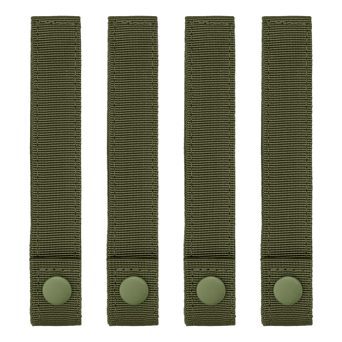 Four Condor Mod Straps - 6" in olive green nylon with snap buttons, arranged vertically in a row on a white background.