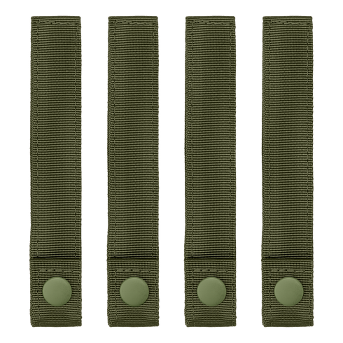 Four Condor Mod Straps - 6" in olive green nylon with snap buttons, arranged vertically in a row on a white background.