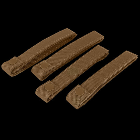 Four brown Condor Mod Straps - 6 nylon straps with snap buttons, laid parallel on a flat surface.