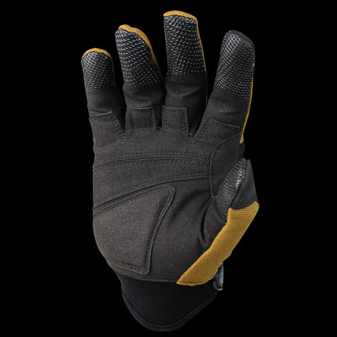 The Condor Stryker Padded Knuckle Glove, in black and yellow with textured fingertips for durability and grip, is ideal for law enforcement or first responders and is shown palm up.