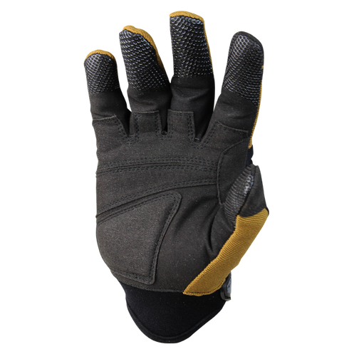 The Condor Stryker Padded Knuckle Glove, in black and yellow with textured fingertips for durability and grip, is ideal for law enforcement or first responders and is shown palm up.