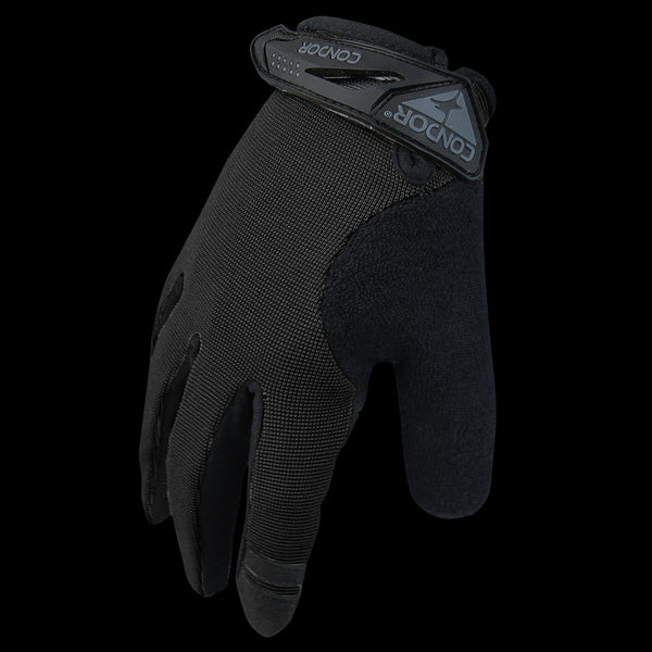 The Condor Shooter Glove is a black, full-finger glove with textured fabric and a Velcro strap labeled Condor on the wrist.