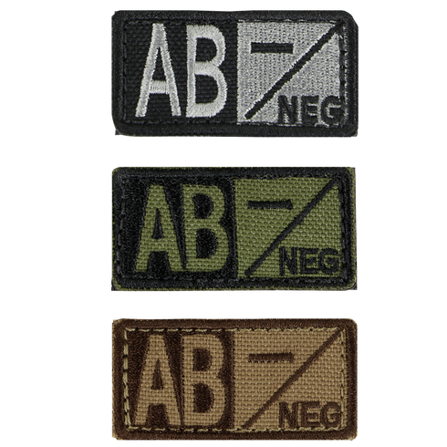 The Condor Blood Type Patch set includes three AB negative patches in black/white, green/black, and brown/tan—ideal for EDC, military gear, or the shooting range.