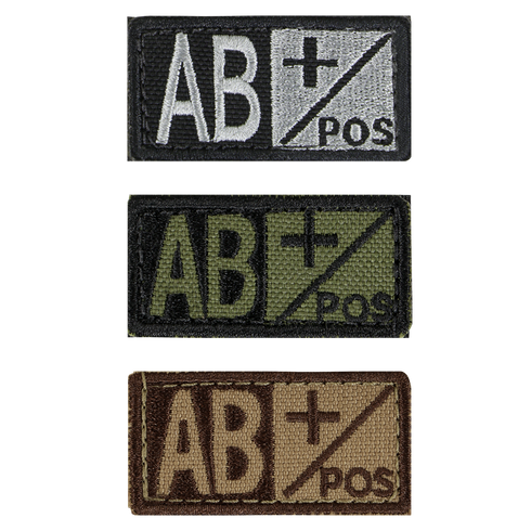 The Condor Blood Type Patch comes in three color variants—black/white, black/green, and brown/tan—clearly displaying AB+ POS for quick identification of AB positive blood type in the field.