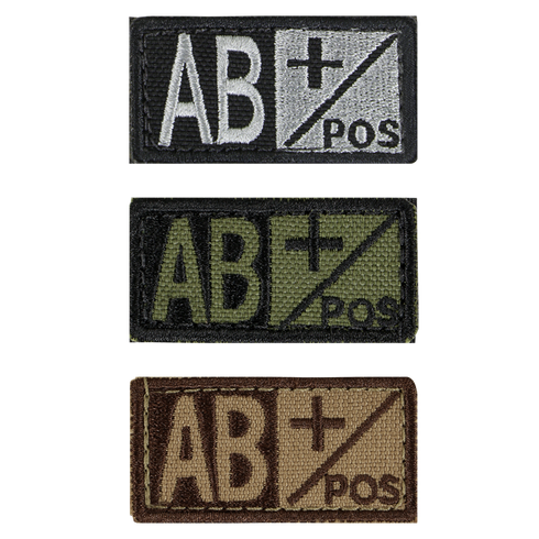 The Condor Blood Type Patch comes in three color variants—black/white, black/green, and brown/tan—clearly displaying AB+ POS for quick identification of AB positive blood type in the field.