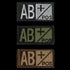 The Condor Blood Type Patch comes in three color variants—black/white, black/green, and brown/tan—clearly displaying AB+ POS for quick identification of AB positive blood type in the field.