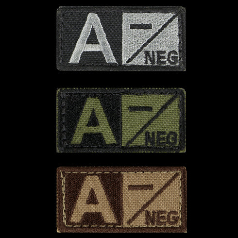 The Condor Blood Type Patch features A- NEG in black/white, green/black, and brown/tan color schemes—ideal for EDC or use by law enforcement and first responders.