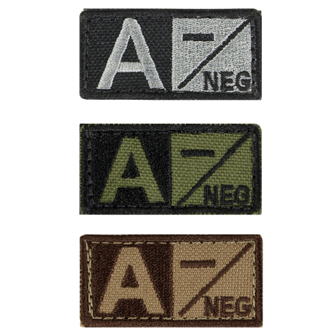The Condor Blood Type Patch features A- NEG in black/white, green/black, and brown/tan color schemes—ideal for EDC or use by law enforcement and first responders.