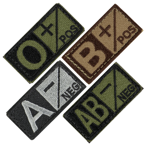 The Condor Blood Type Patch set includes four embroidered patches—O positive, B positive, A negative, and AB negative—in varied color schemes with a diagonal layout, ideal for military use or shooting range trips.