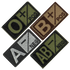 The Condor Blood Type Patch set includes four embroidered patches—O positive, B positive, A negative, and AB negative—in varied color schemes with a diagonal layout, ideal for military use or shooting range trips.