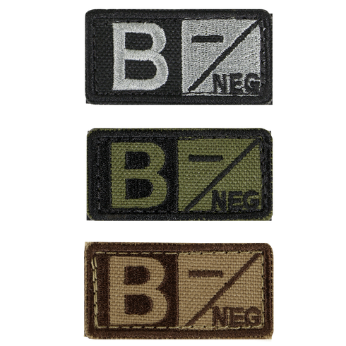 Condor Blood Type Patch set features three rectangular patches showing B/NEG in black, green, and brown—perfect for law enforcement or first responder gear.