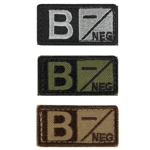 Condor Blood Type Patch set features three rectangular patches showing B/NEG in black, green, and brown—perfect for law enforcement or first responder gear.