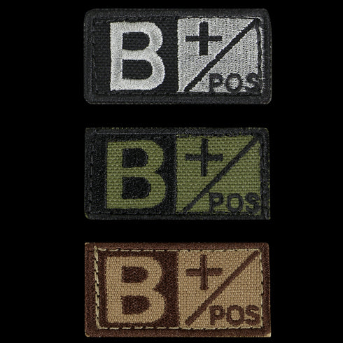 The Condor Blood Type Patch features B+ POS in black/gray, green/black, and brown/tan color schemes—perfect for EDC, bushcraft, or military gear.