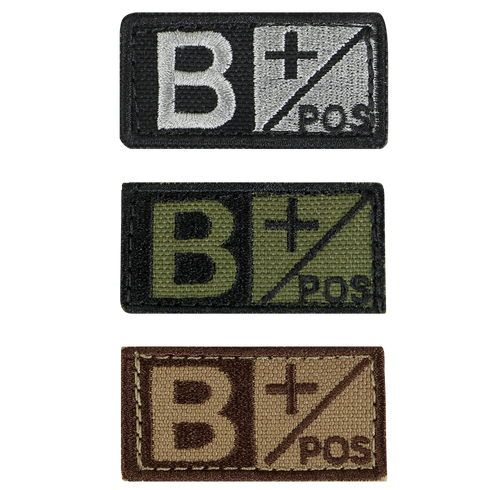 The Condor Blood Type Patch features B+ POS in black/gray, green/black, and brown/tan color schemes—perfect for EDC, bushcraft, or military gear.