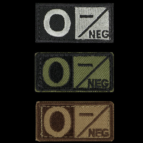 The Condor Blood Type Patch set includes three rectangular patches labeled O NEG in black, green, and tan—perfect for military, law enforcement, or EDC setups to indicate O negative blood type.