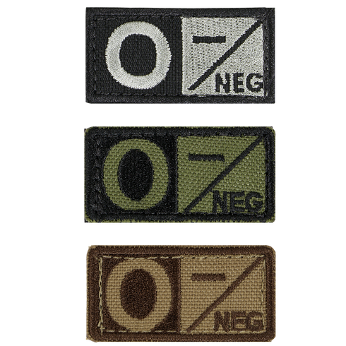 The Condor Blood Type Patch set includes three rectangular patches labeled O NEG in black, green, and tan—perfect for military, law enforcement, or EDC setups to indicate O negative blood type.