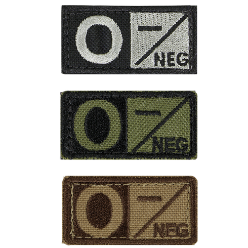 The Condor Blood Type Patch set includes three rectangular patches labeled O NEG in black, green, and tan—perfect for military, law enforcement, or EDC setups to indicate O negative blood type.
