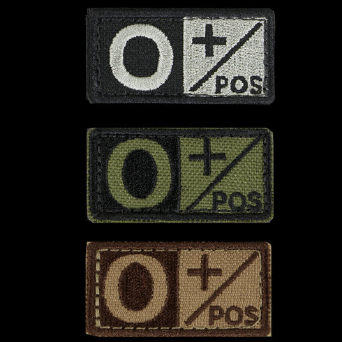 The Condor Blood Type Patch set includes three rectangular patches displaying the O positive (O+) symbol in black/white, green/black, and brown/tan—perfect for first responders or EDC at the range.