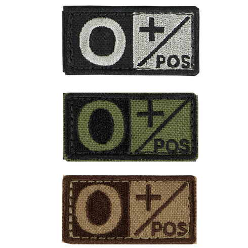 The Condor Blood Type Patch set includes three rectangular patches displaying the O positive (O+) symbol in black/white, green/black, and brown/tan—perfect for first responders or EDC at the range.