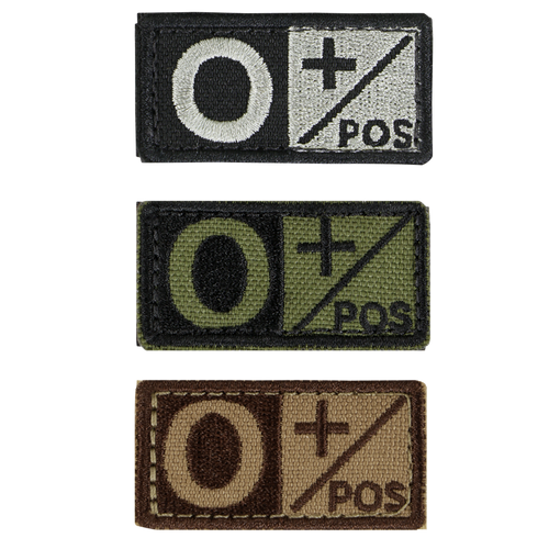 The Condor Blood Type Patch set includes three rectangular patches displaying the O positive (O+) symbol in black/white, green/black, and brown/tan—perfect for first responders or EDC at the range.