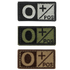 The Condor Blood Type Patch set includes three rectangular patches displaying the O positive (O+) symbol in black/white, green/black, and brown/tan—perfect for first responders or EDC at the range.