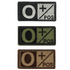 The Condor Blood Type Patch set includes three rectangular patches displaying the O positive (O+) symbol in black/white, green/black, and brown/tan—perfect for first responders or EDC at the range.