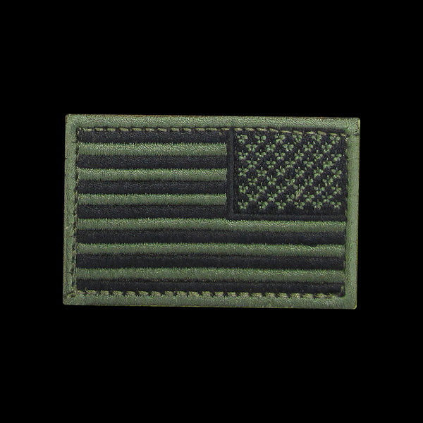 The Condor Reversed Flag Patch features a subtle green and black embroidered design of the United States flag.