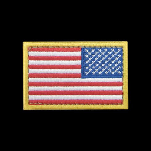 The Condor Reversed Flag Patch is a rectangular embroidered US flag patch with a gold border, featuring thirteen red and white stripes and fifty white stars on a blue field.