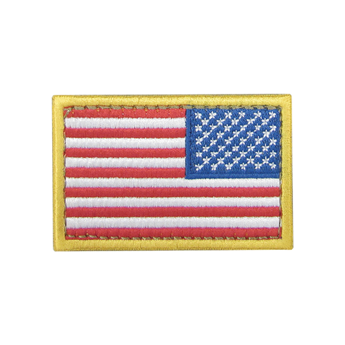 The Condor Reversed Flag Patch is a rectangular embroidered US flag patch with a gold border, featuring thirteen red and white stripes and fifty white stars on a blue field.