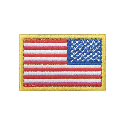 The Condor Reversed Flag Patch is a rectangular embroidered US flag patch with a gold border, featuring thirteen red and white stripes and fifty white stars on a blue field.