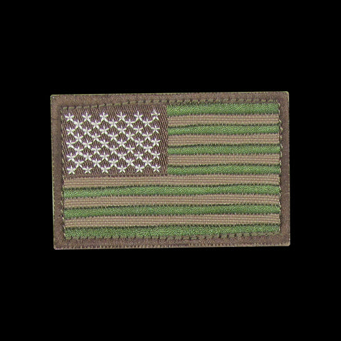 The Condor US Flag Patch features a subdued camouflage design with green and tan stripes, white stars on a green field, and a brown border—ideal for military or EDC use.